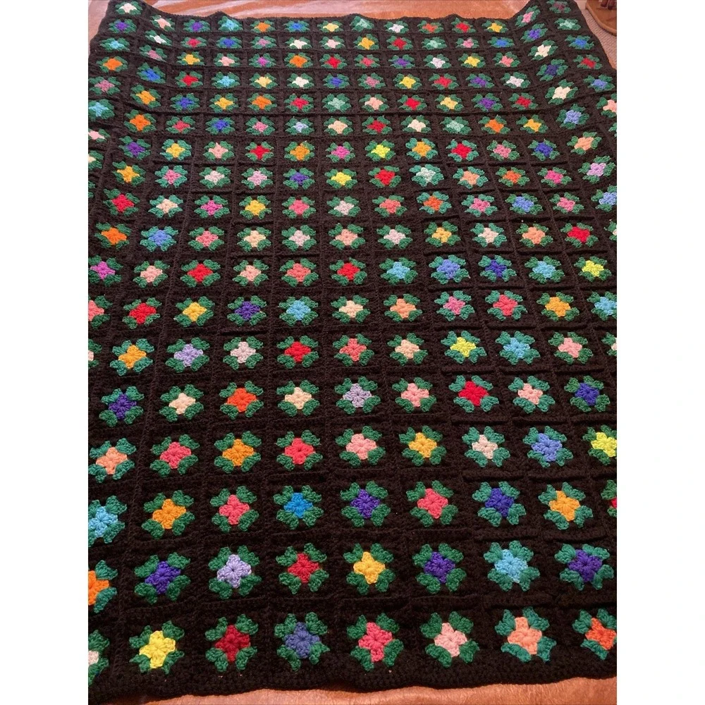 Vtg Square Black Afghan 69